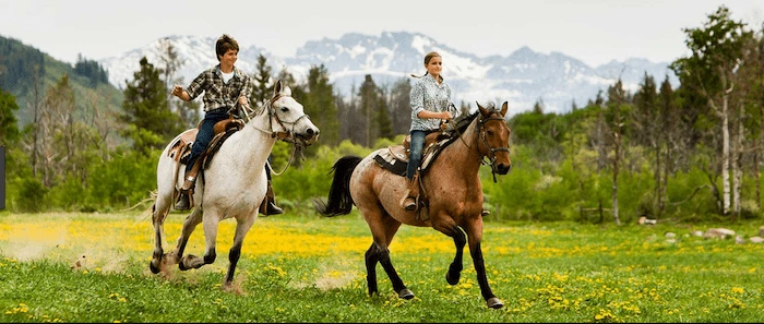 Confident plus-size woman riding Avonmouth a horse through a field with a smile on her face.
